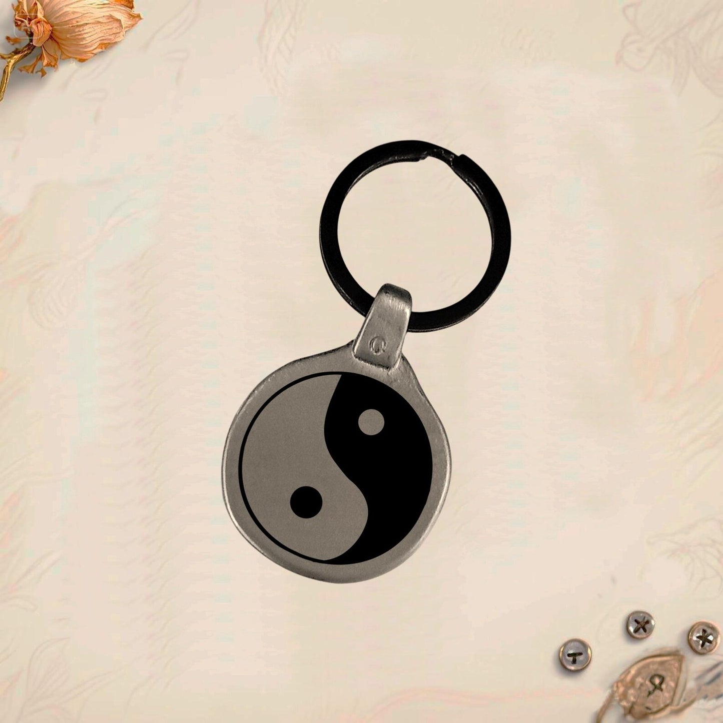 Buddhist Symbol Keychain B01 | Vintage Engraved Circular Metal