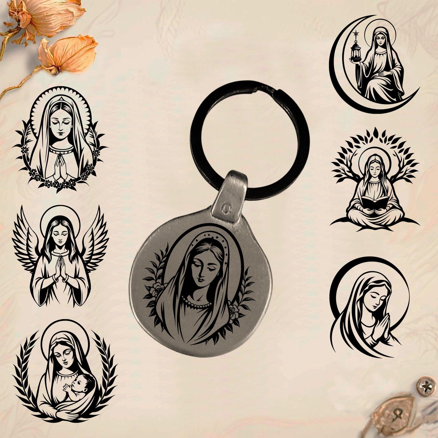 Virgin Mary Keychain MA1 | Vintage Engraved Circular Metal