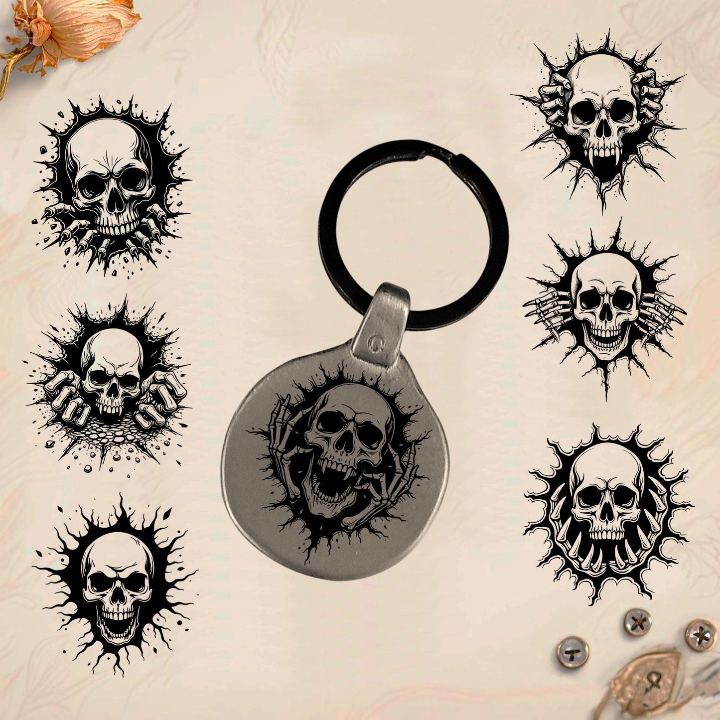 Skull Gothic Keychain SK2 | Vintage Engraved Metal Circular