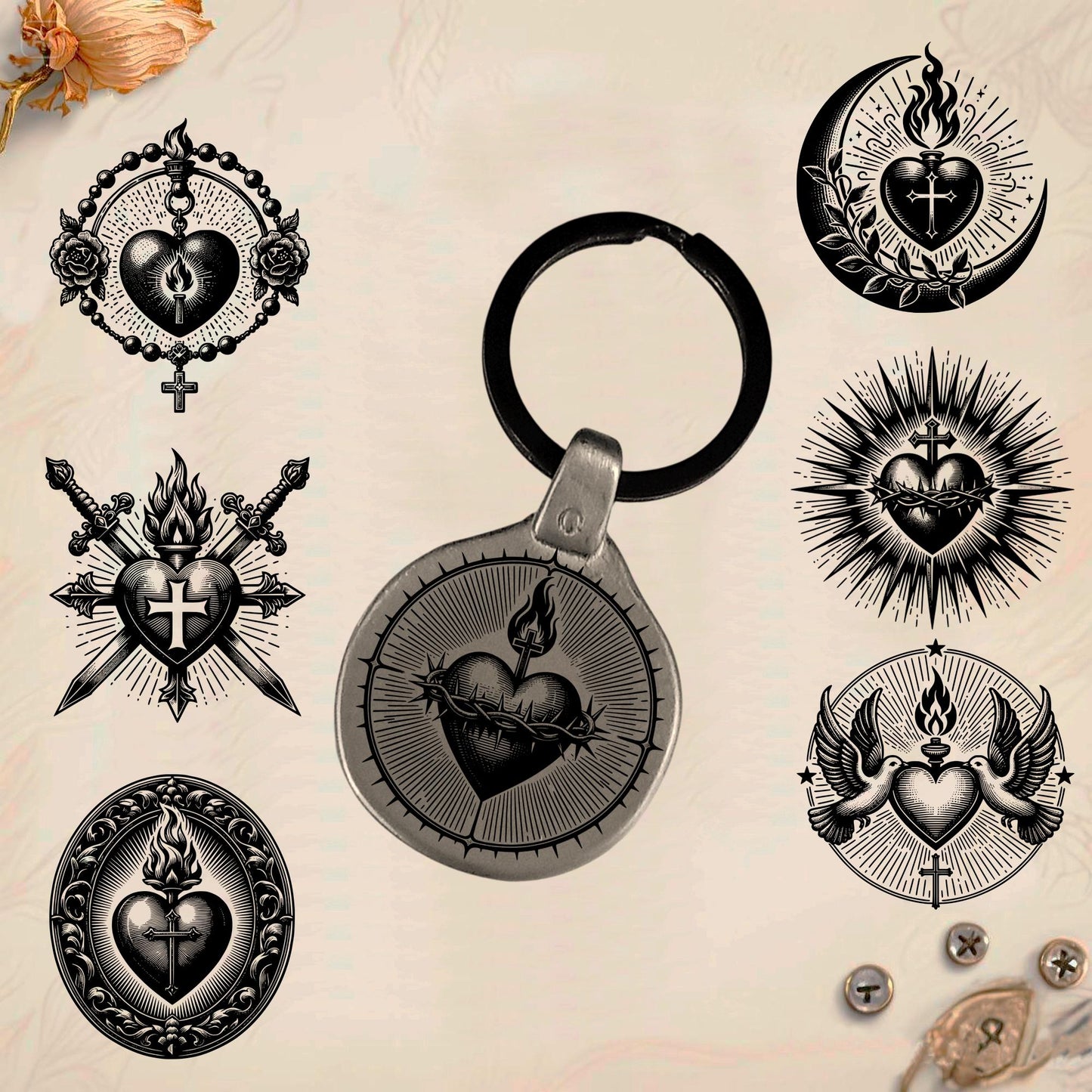 Sacred Heart Keychain SC2 | Vintage Engraved Circular Metal