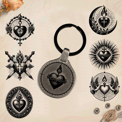Sacred Heart Keychain SC2 | Vintage Engraved Circular Metal