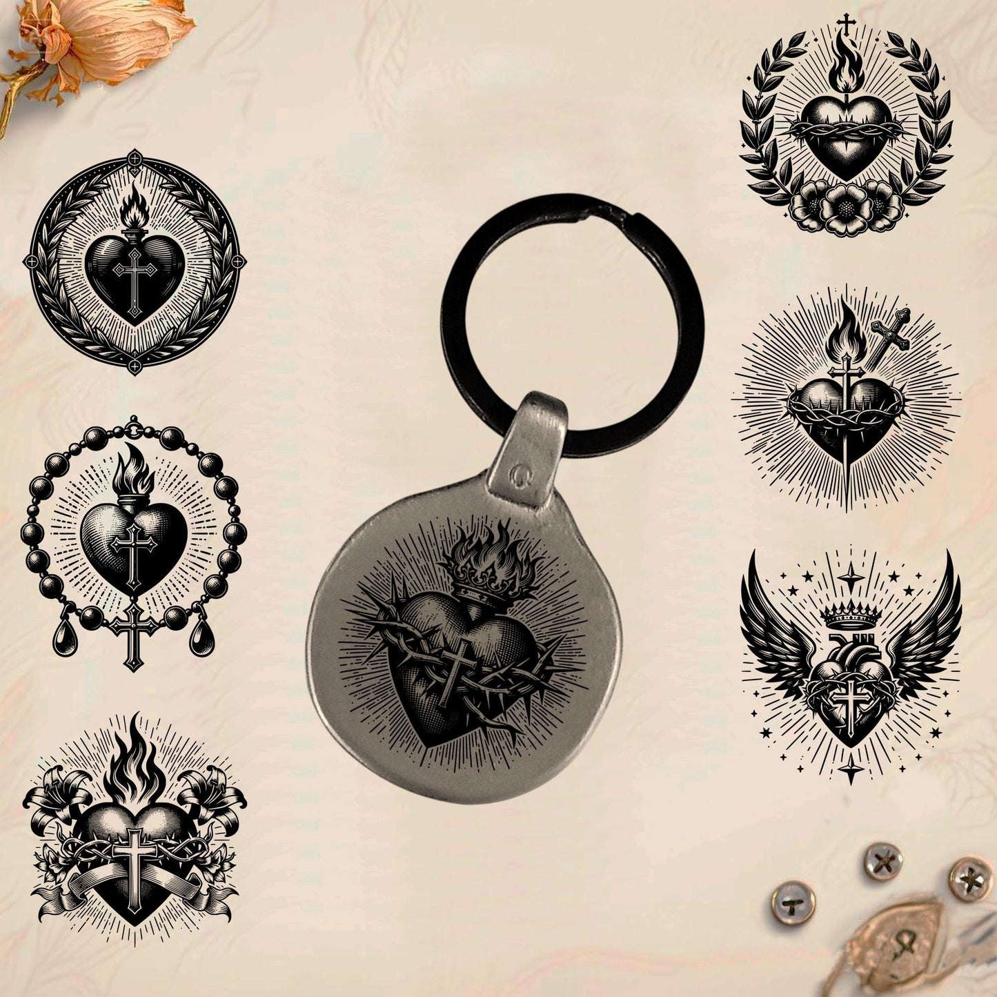 Sacred Heart Keychain SC1 | Vintage Engraved Circular Metal