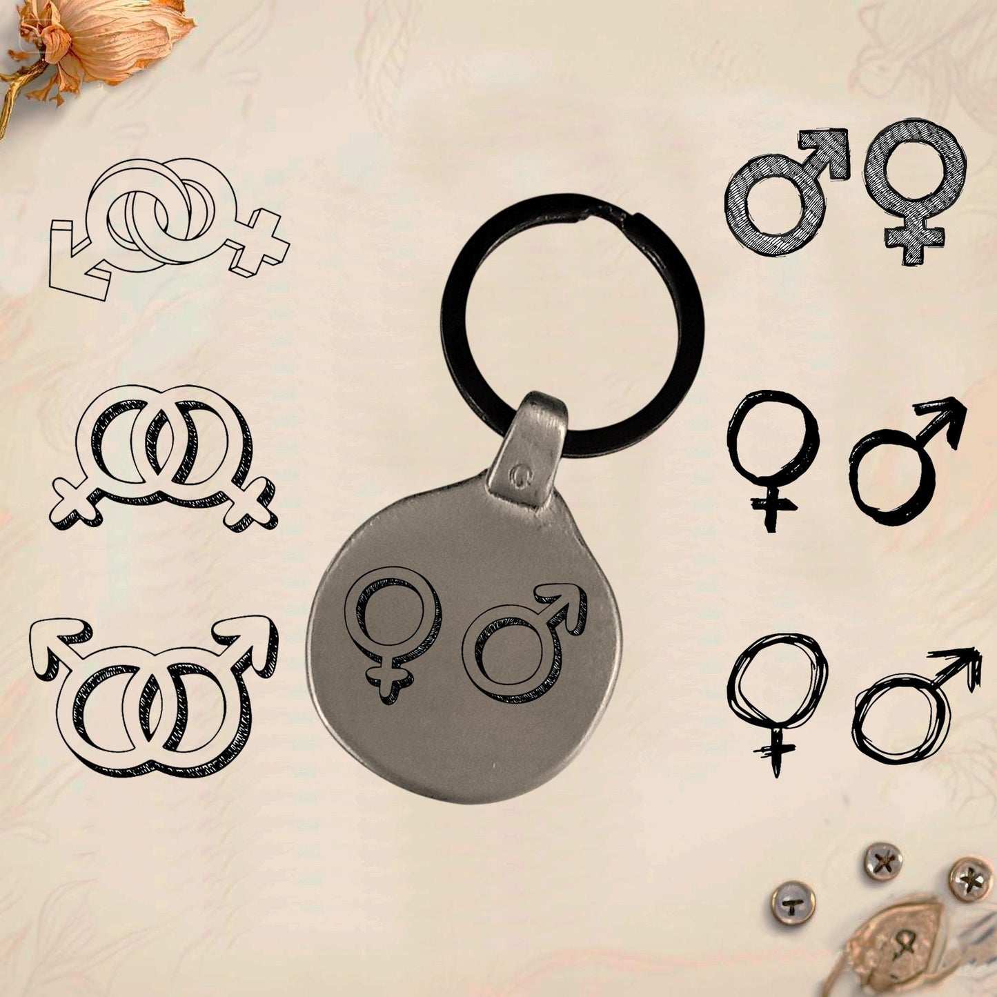 Couples Gender Symbol Keychain SX1 | Vintage Engraved Circular Metal