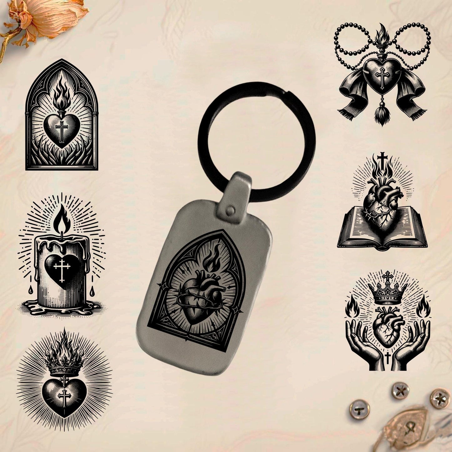 Sacred Heart Keychain SC3 | Vintage Engraved Rectangular Metal