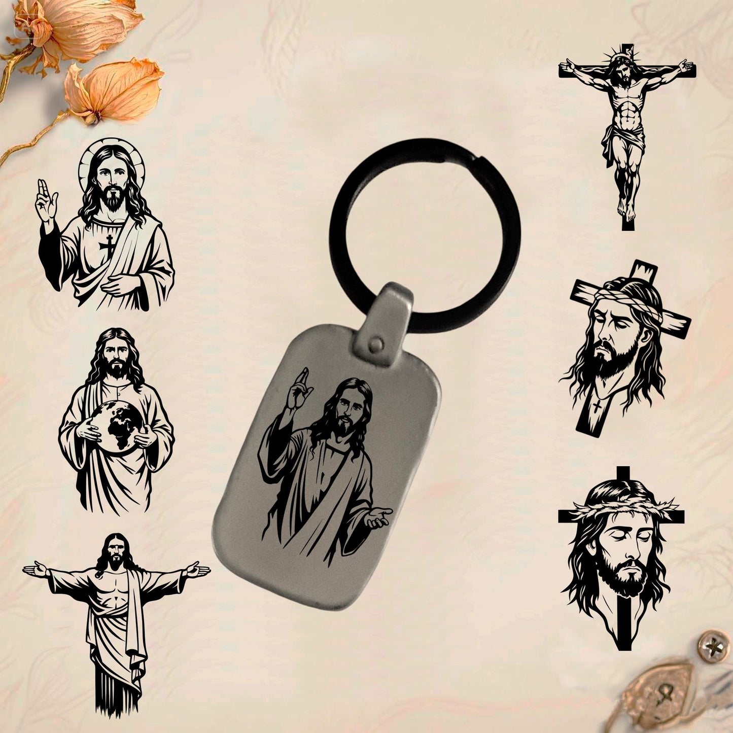 Jesus Symbol Keychain JC2 | Vintage Engraved Rectangular Metal