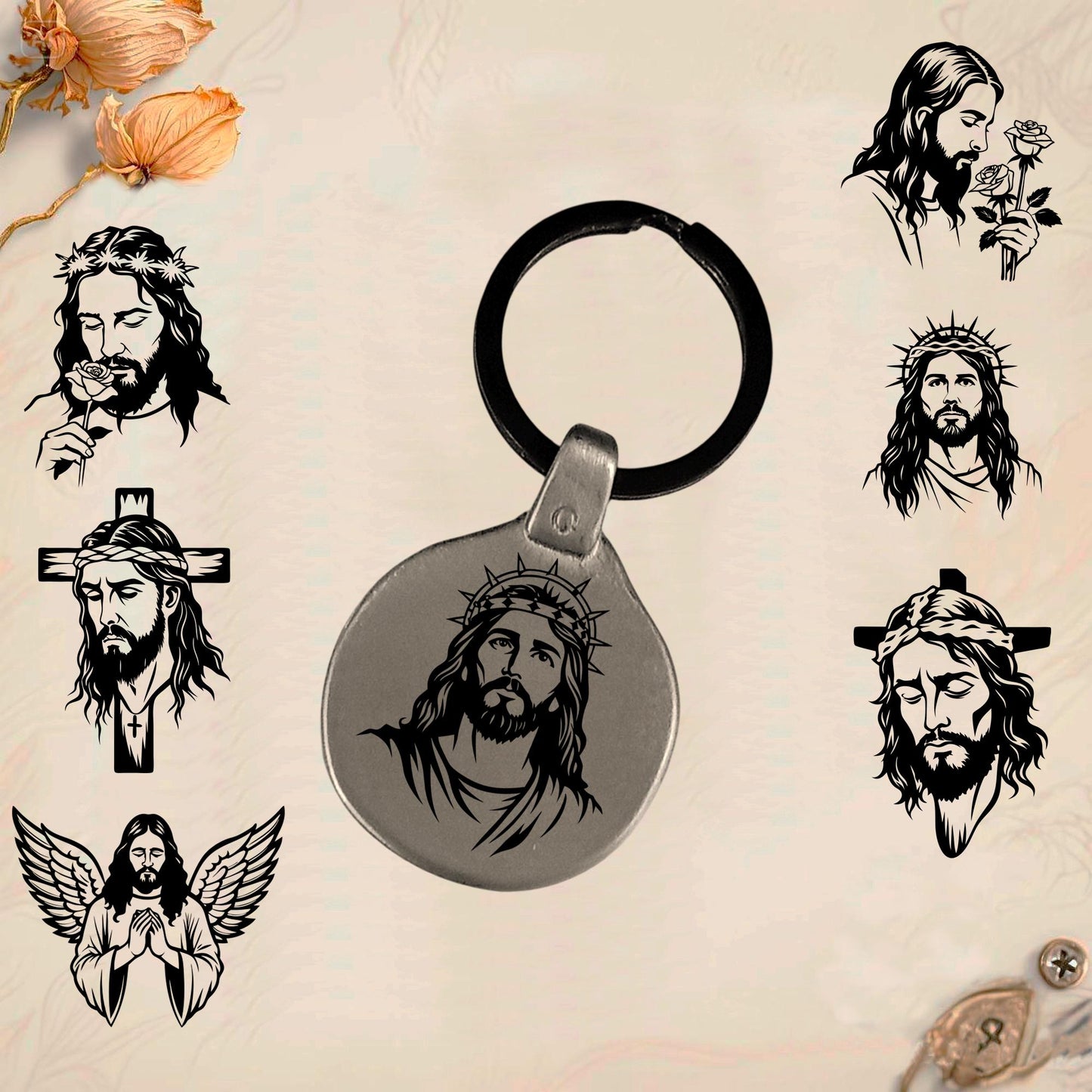 Jesus Symbol Keychain JC1 | Vintage Engraved Circular Metal