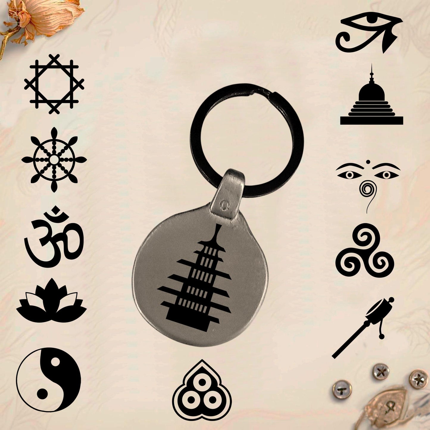 Buddhist Symbol Keychain B01 | Vintage Engraved Circular Metal