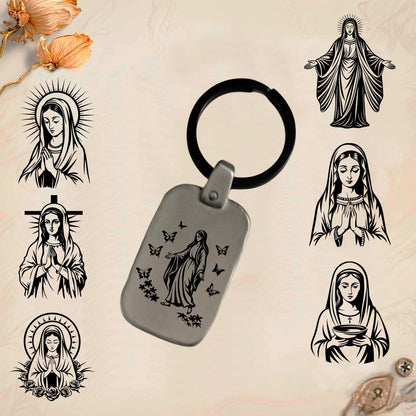Virgin Mary Keychain MA2 | Vintage Engraved Rectangular Metal