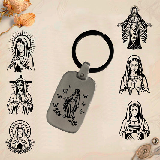 Virgin Mary Keychain MA2 | Vintage Engraved Rectangular Metal