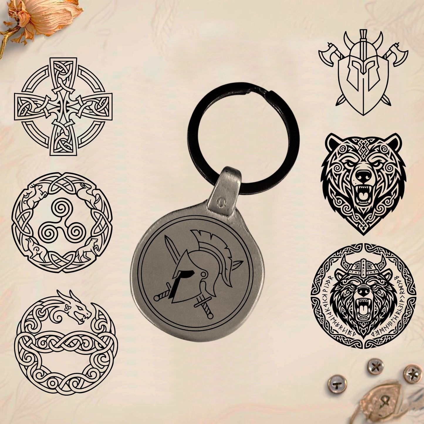 Vintage Celtic Symbol Keychain C30 - Handmade Zinc Amulet