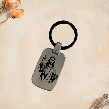 Jesus Symbol Keychain JC2 | Vintage Engraved Rectangular Metal
