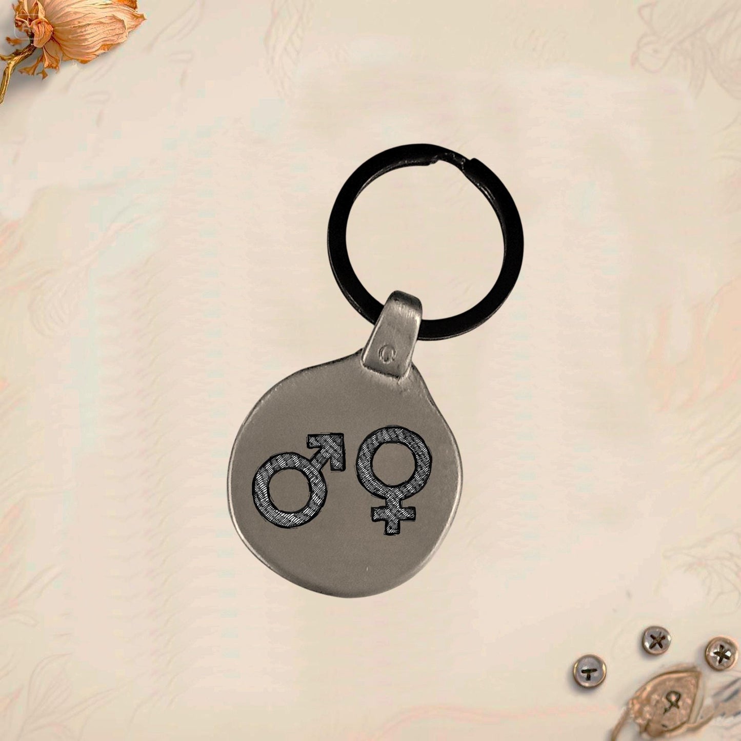 Couples Gender Symbol Keychain SX1 | Vintage Engraved Circular Metal