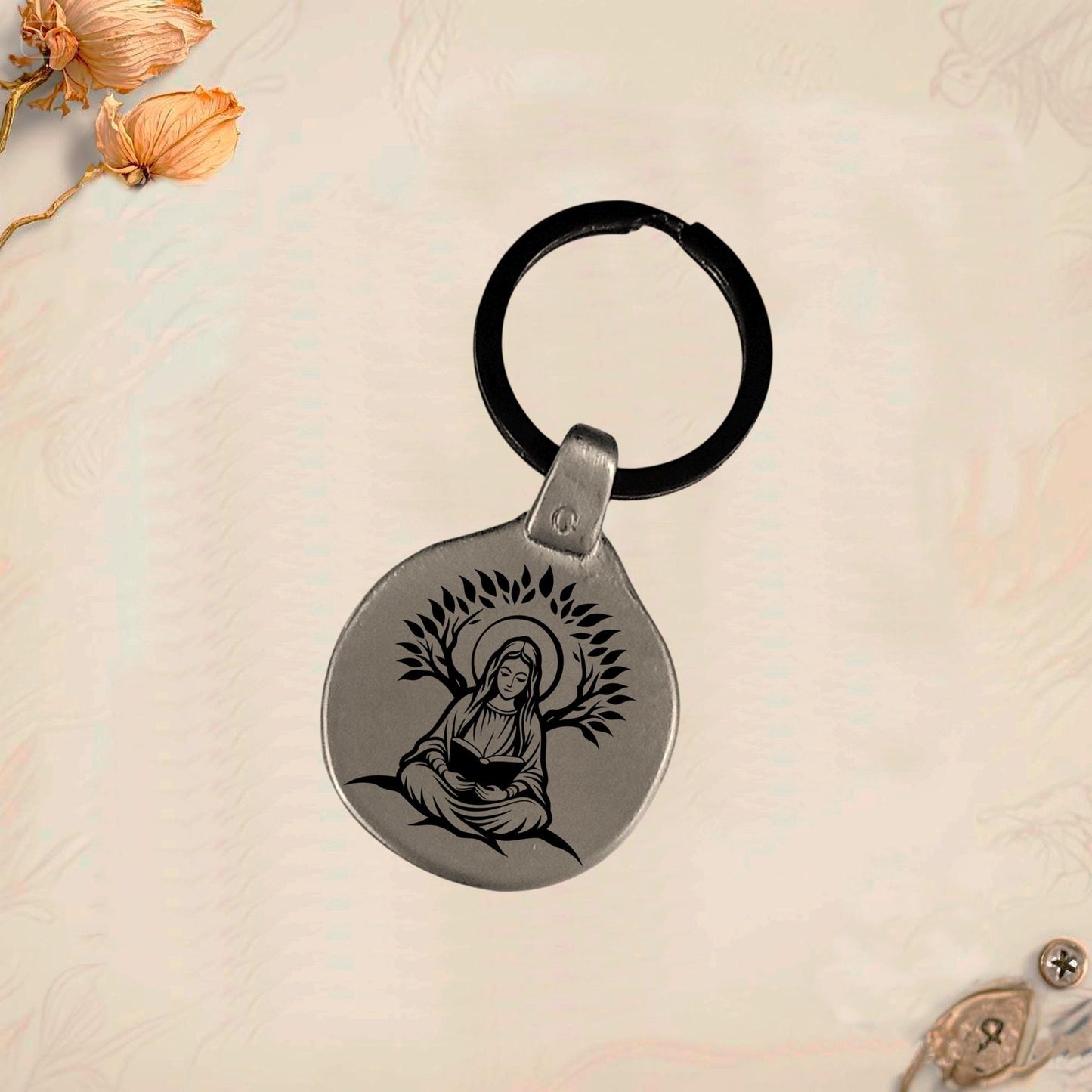 Virgin Mary Keychain MA1 | Vintage Engraved Circular Metal