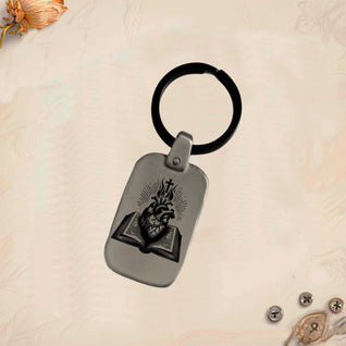 Sacred Heart Keychain SC3 | Vintage Engraved Rectangular Metal