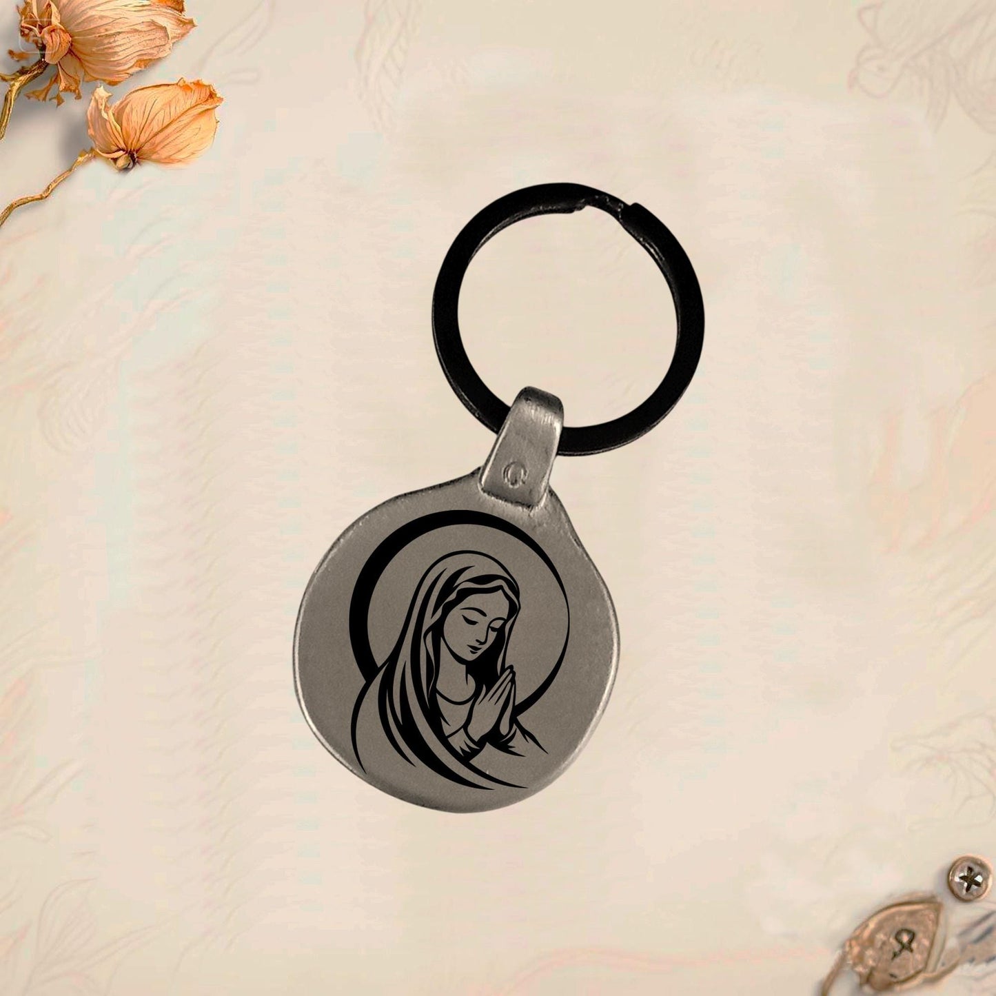Virgin Mary Keychain MA1 | Vintage Engraved Circular Metal