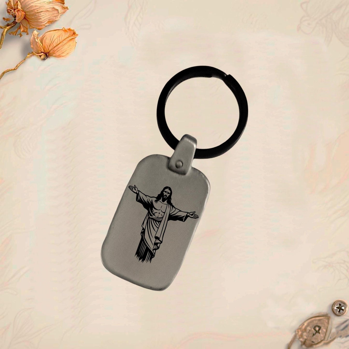 Jesus Symbol Keychain JC2 | Vintage Engraved Rectangular Metal