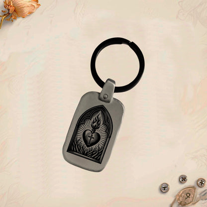 Sacred Heart Keychain SC3 | Vintage Engraved Rectangular Metal
