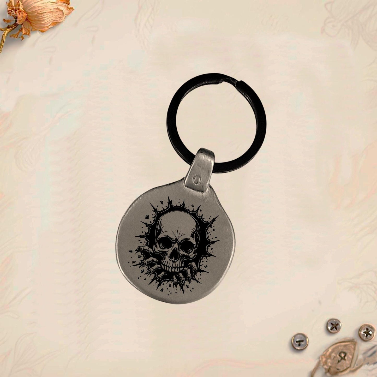 Skull Gothic Keychain SK2 | Vintage Engraved Metal Circular