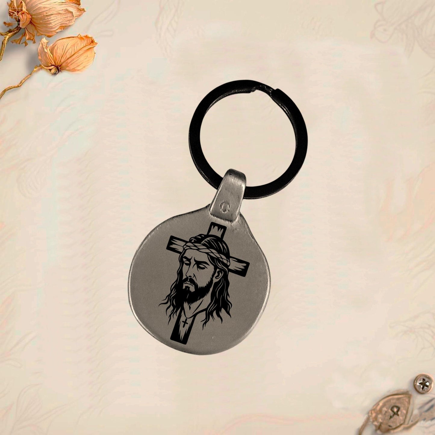 Jesus Symbol Keychain JC1 | Vintage Engraved Circular Metal