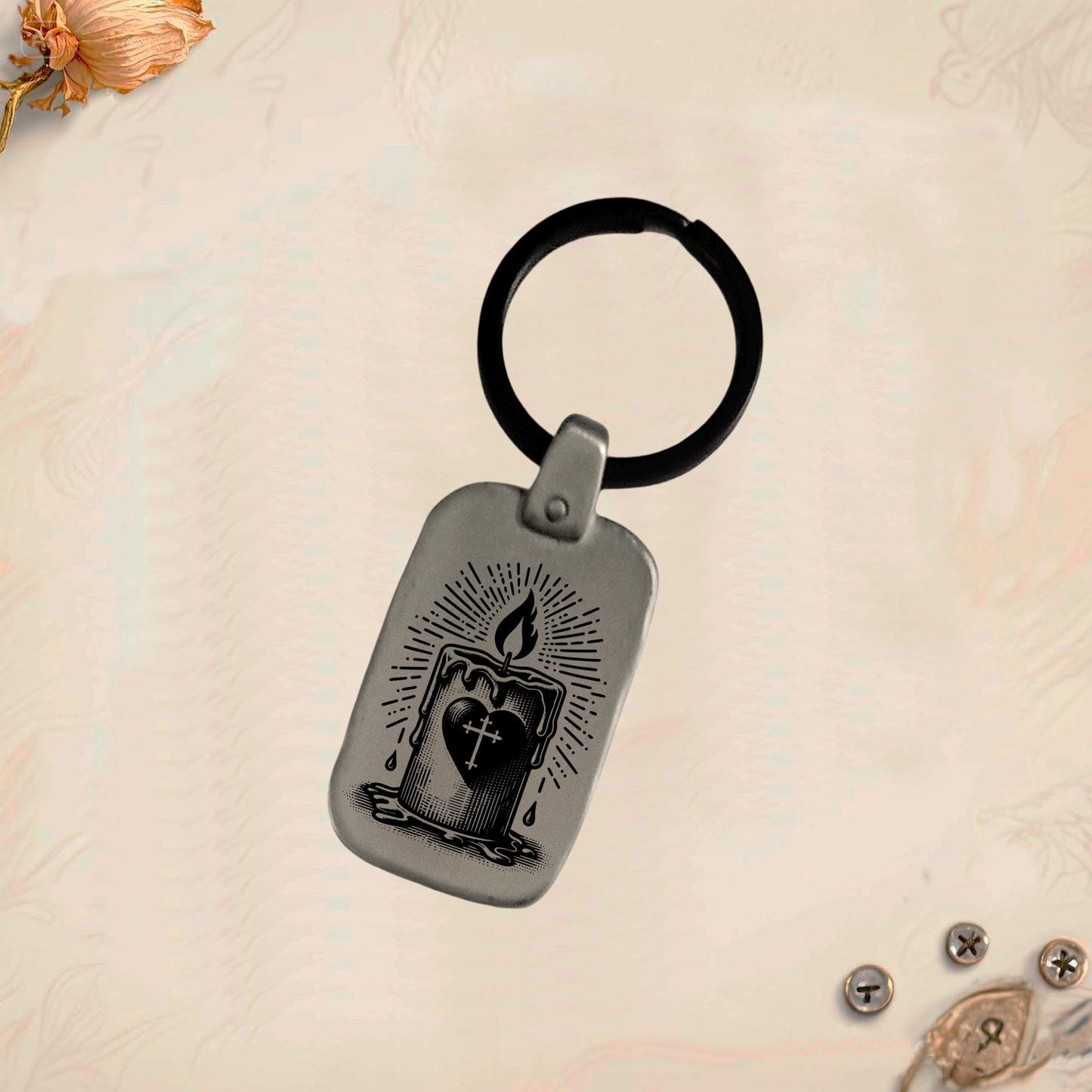 Sacred Heart Keychain SC3 | Vintage Engraved Rectangular Metal