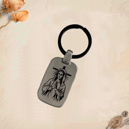 Virgin Mary Keychain MA2 | Vintage Engraved Rectangular Metal