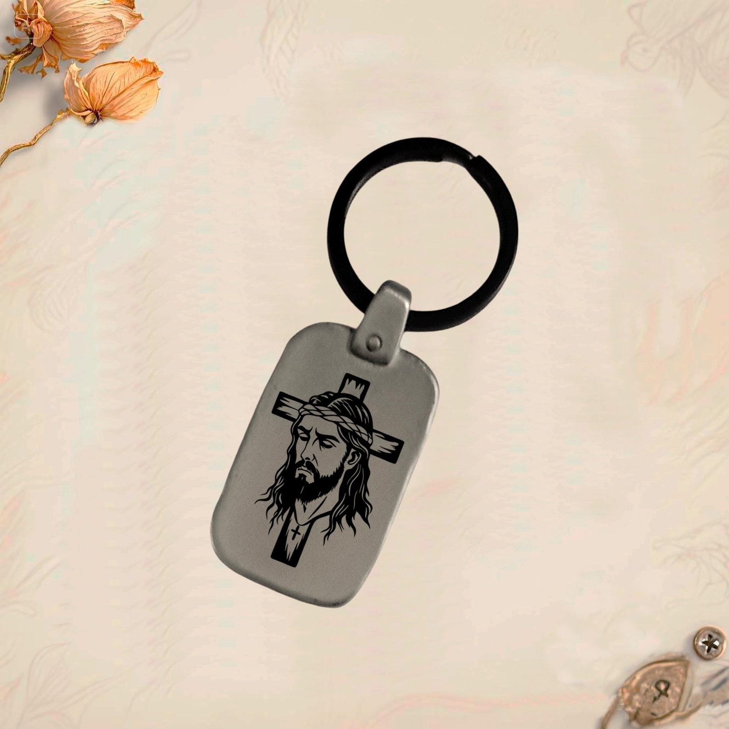 Jesus Symbol Keychain JC2 | Vintage Engraved Rectangular Metal
