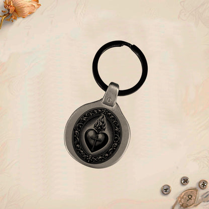 Sacred Heart Keychain SC2 | Vintage Engraved Circular Metal