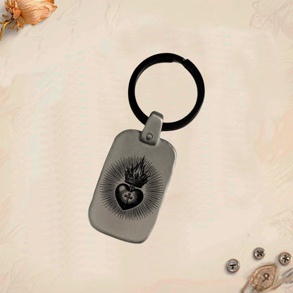Sacred Heart Keychain SC3 | Vintage Engraved Rectangular Metal