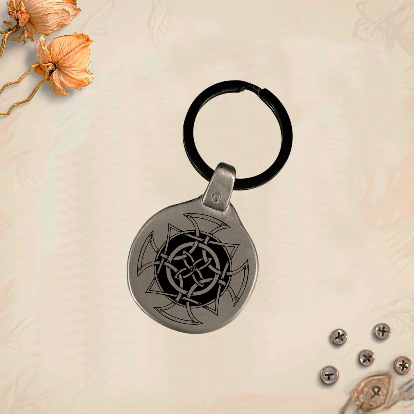 Llavero Amuleto Vintage Símbolos Celtas Pack4 grabado en metal. Únicos. Graba tú nombre.