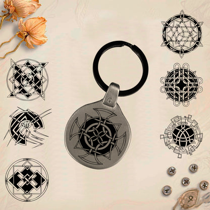 Llavero Amuleto Vintage Símbolos Celtas Pack4 grabado en metal. Únicos. Graba tú nombre.