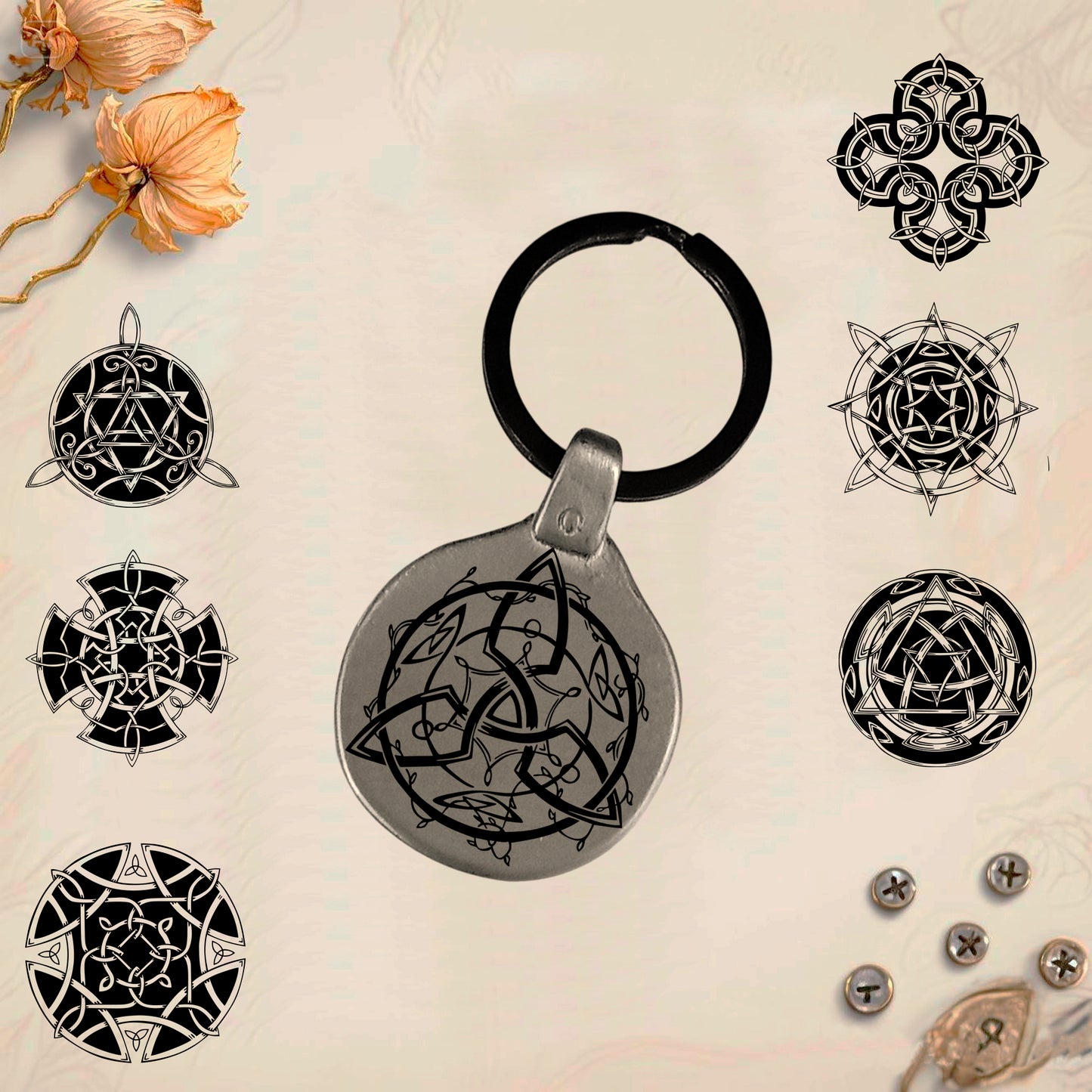 Vintage Celtic Keychain Pack 7 - Handmade Amulet | Engraved Metal