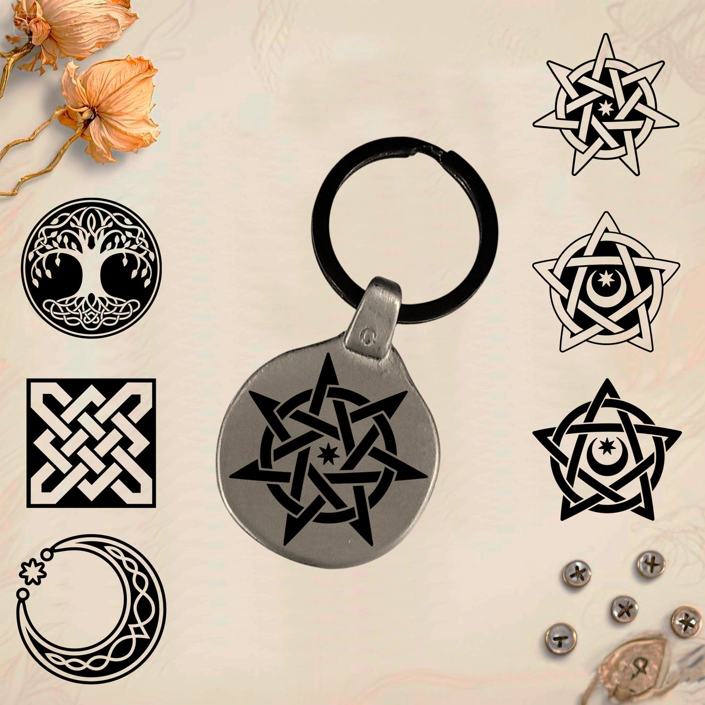 Vintage Celtic Keychain Pack 8 - Handmade Amulet | Engraved Metal