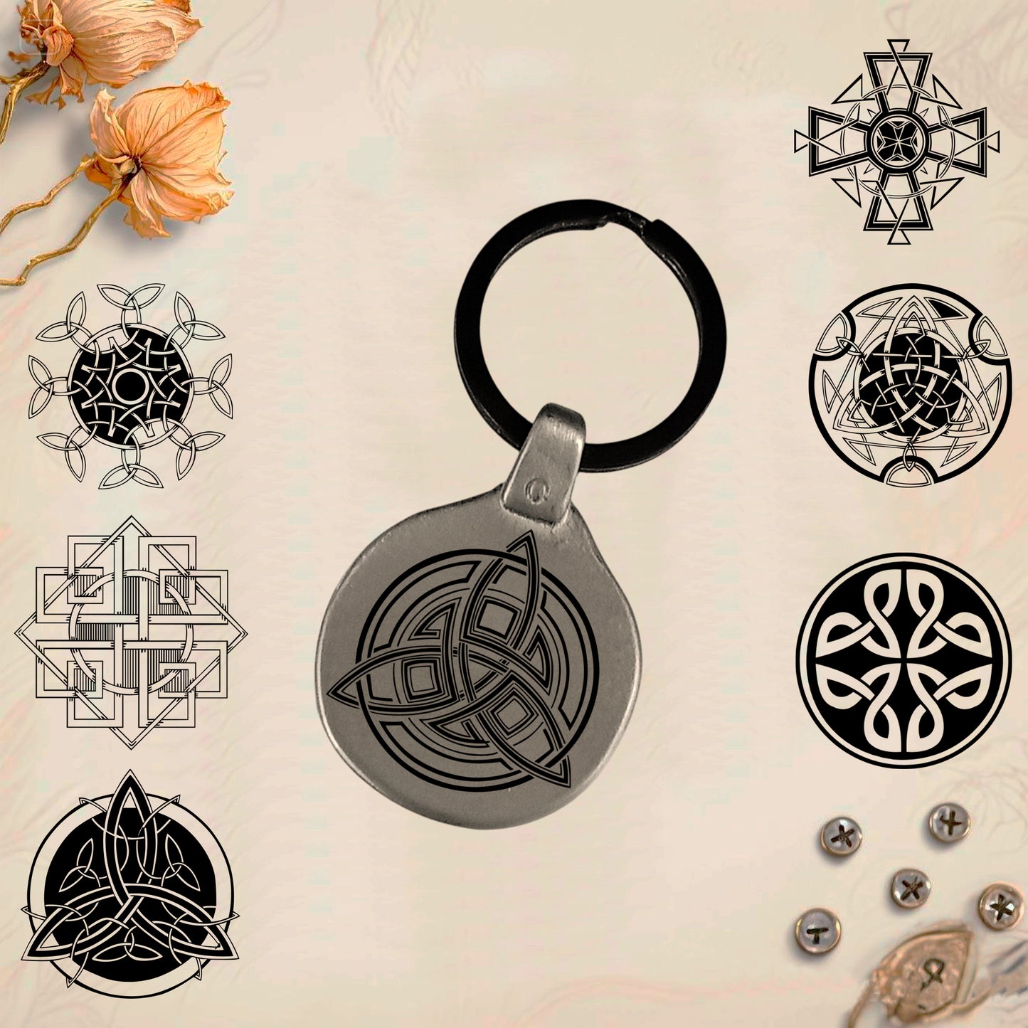Llavero Amuleto Vintage Símbolos Celtas Pack3 grabado en metal. Únicos. Graba tú nombre.