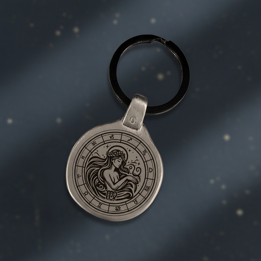 Personalized Virgo zodiac keychain engraved on antique zinc metal plate, vintage retro style