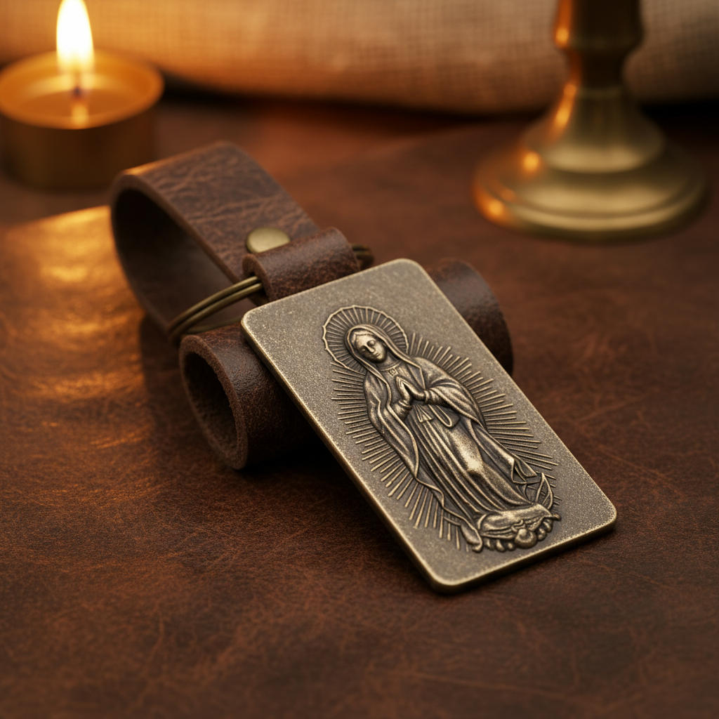 Virgin Mary Keychain MA2 Vintage Engraved Rectangular Metal Premium Lifestyle