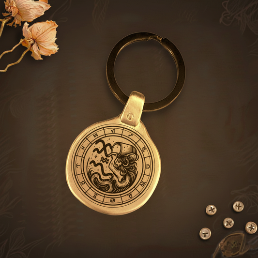 Personalized Aquarius zodiac keychain engraved vintage metal antique gold