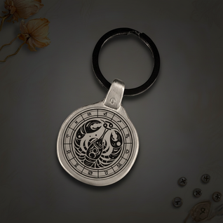 Personalized Cancer Zodiac Keychain engraved on antique metal plate, vintage retro style