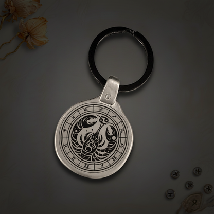 Personalized Cancer Zodiac Keychain engraved on antique metal plate, vintage retro style