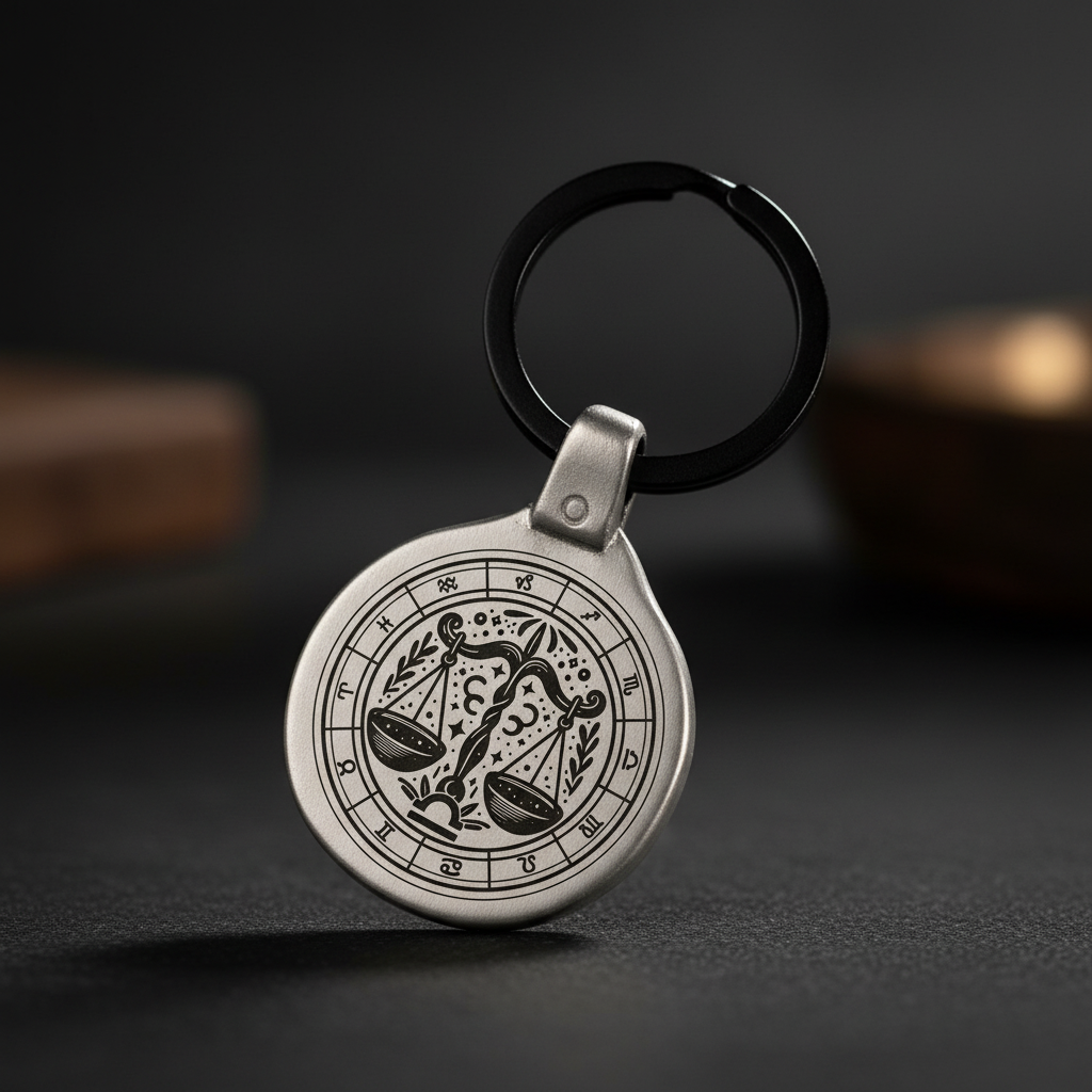 Personalized Libra zodiac keychain engraved on antique zinc metal plate, vintage retro style