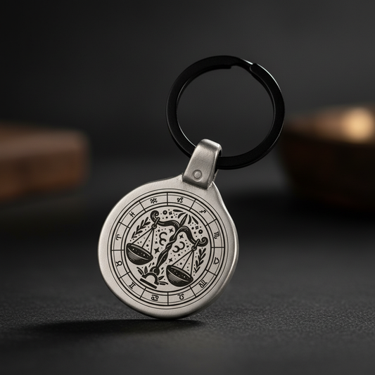 Personalized Libra zodiac keychain engraved on antique zinc metal plate, vintage retro style