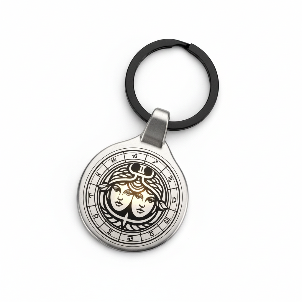 Personalized Gemini zodiac keychain premium product photography engraved metal