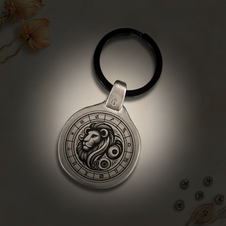 Personalized Leo zodiac keychain engraved on antique zinc metal plate, vintage retro style