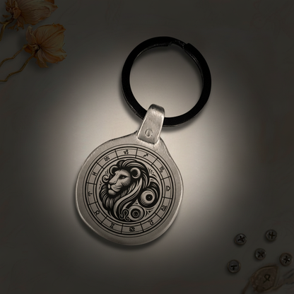 Personalized Leo zodiac keychain engraved on antique zinc metal plate, vintage retro style