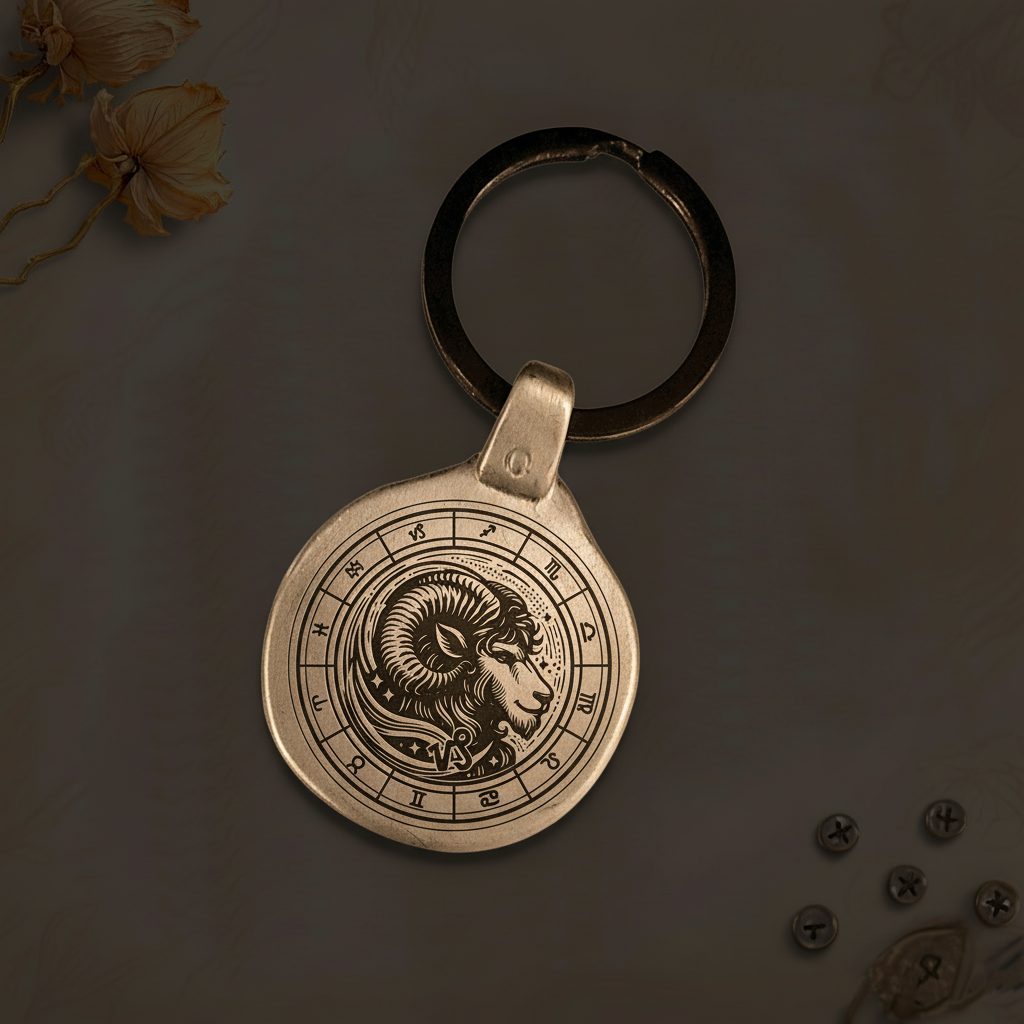 Personalized Capricorn zodiac keychain engraved vintage metal antique gold