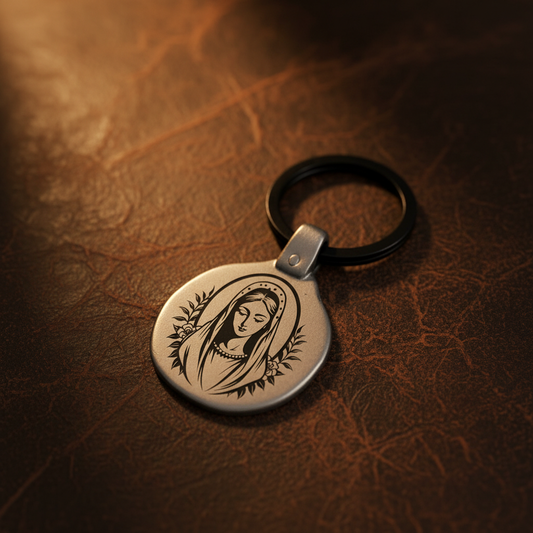 Virgin Mary Keychain MA1 Vintage Engraved Circular Metal Premium Lifestyle