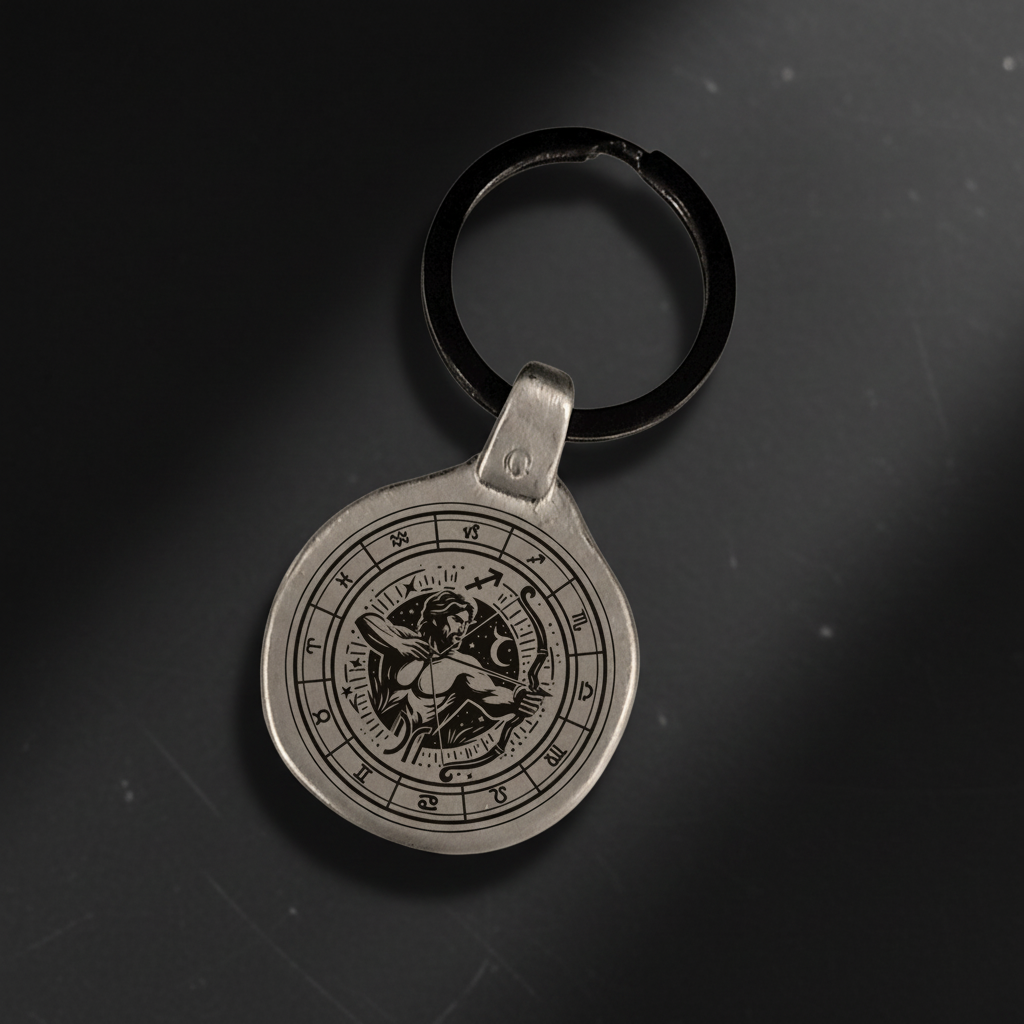 Personalized Sagittarius zodiac keychain engraved on antique zinc metal plate, vintage retro style