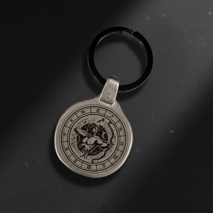 Personalized Sagittarius zodiac keychain engraved on antique zinc metal plate, vintage retro style