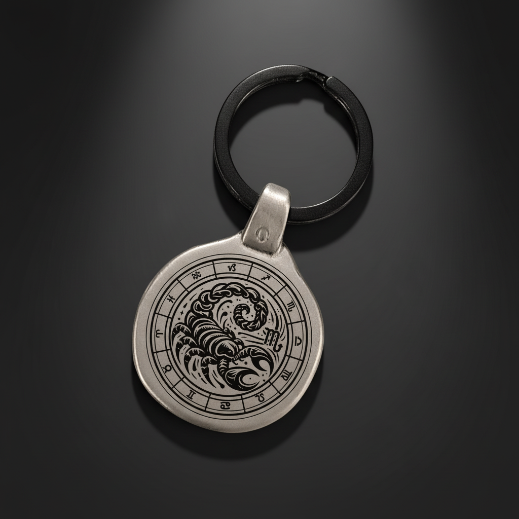Personalized Scorpio zodiac keychain engraved on antique zinc metal plate, vintage retro style