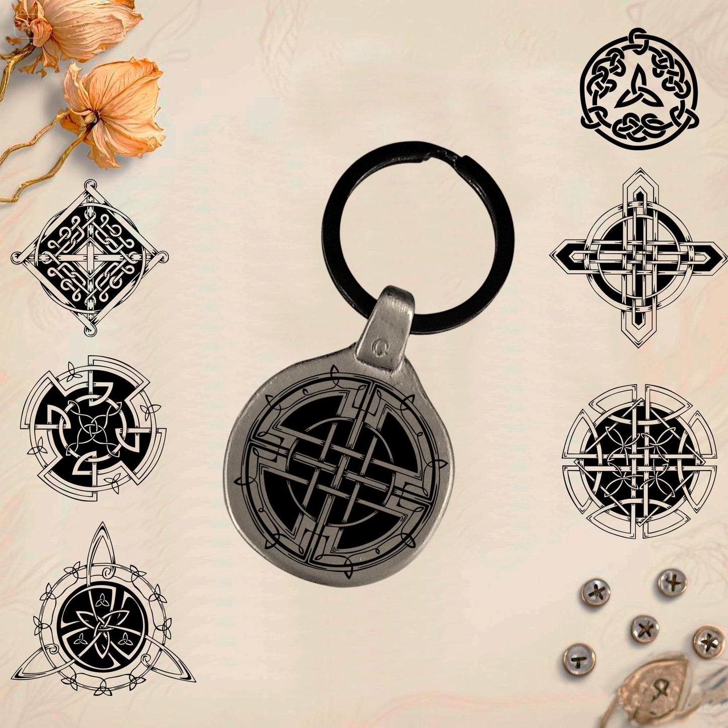 Vintage Celtic Keychain Pack 1 - Handmade Amulet | Engraved Metal